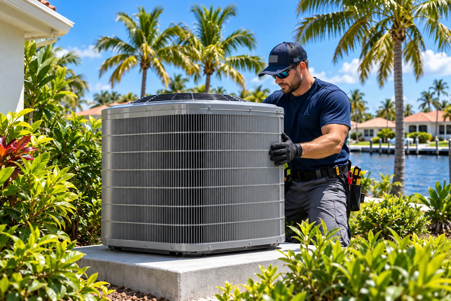 Technician installing a new high-efficiency AC condenser on a concrete pad at a Cape Coral home