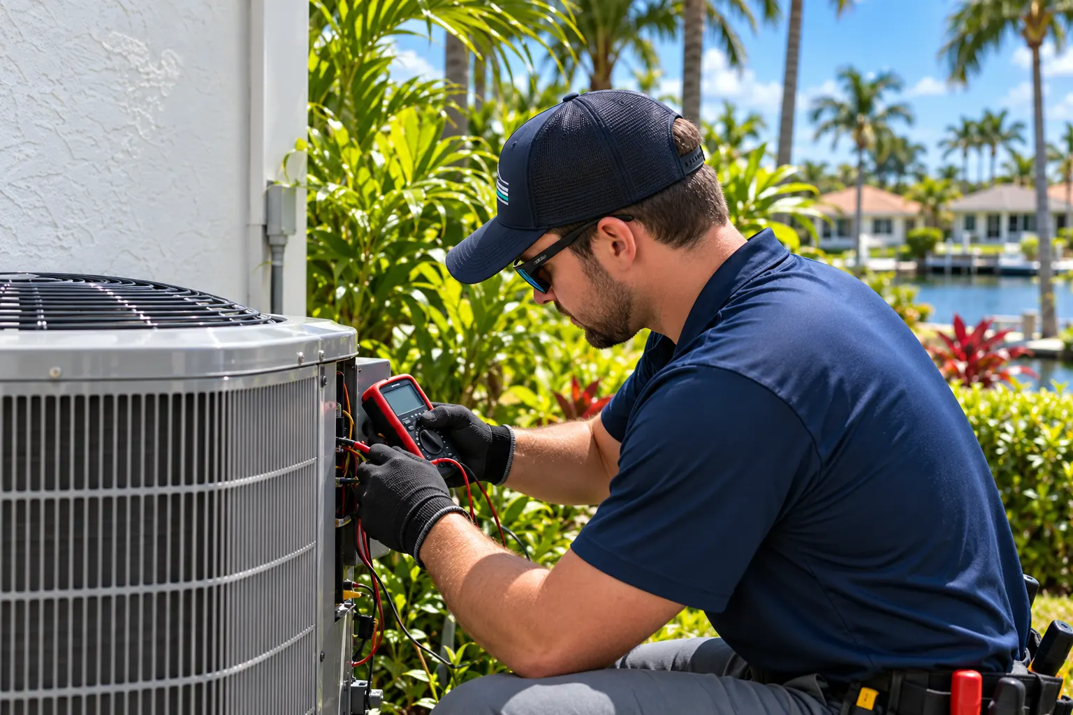 Technician checking AC electrical components during routine air conditioner maintenance in Cape Coral