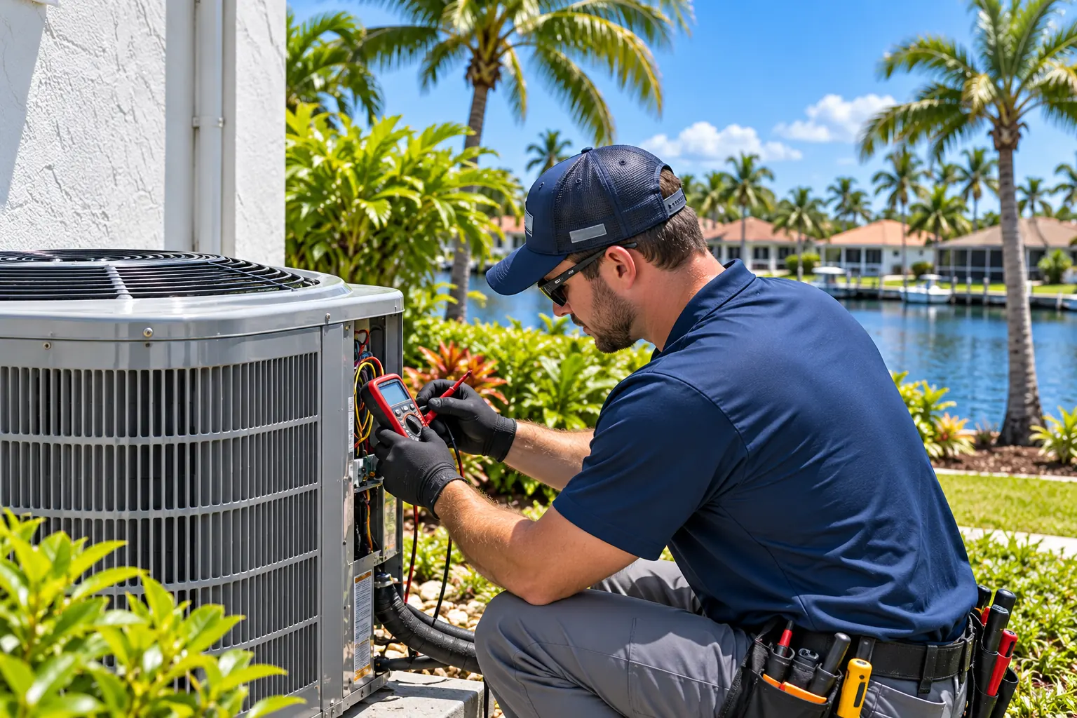 HVAC technician testing an outdoor AC unit with a multimeter during an AC repair in Cape Coral, FL