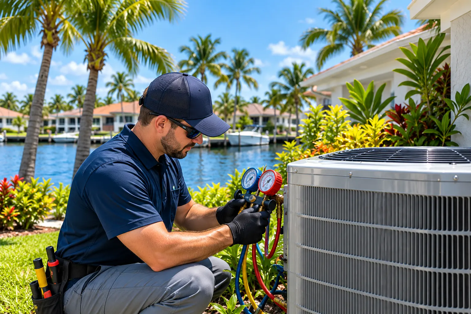 Technician checking refrigerant pressure with manifold gauges during a seasonal AC tune-up in Cape Coral