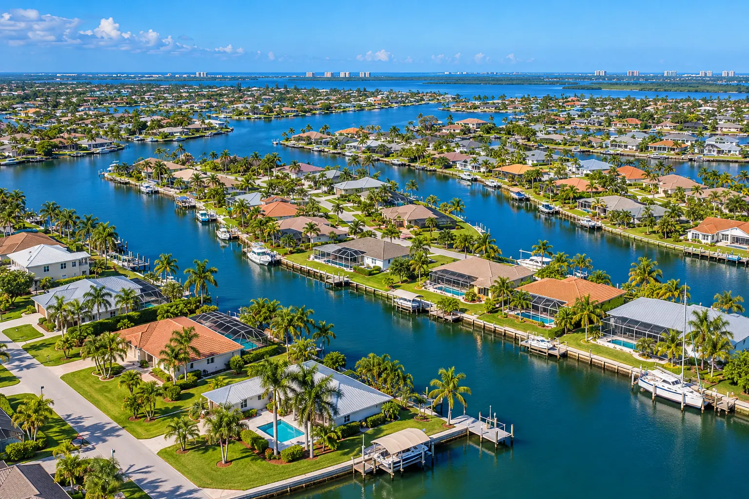 Aerial view of Cape Coral, Florida canal homes served by Gulf Current Air