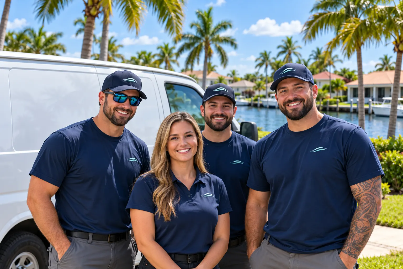 The Gulf Current Air HVAC team standing in front of their service van in Cape Coral