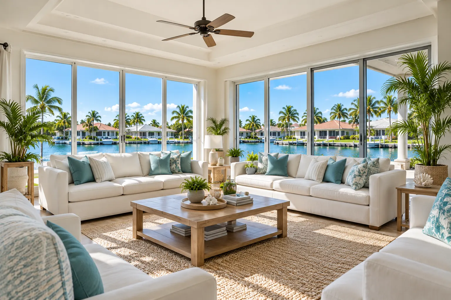 Bright, cool coastal living room with canal views in a Cape Coral home with clean indoor air