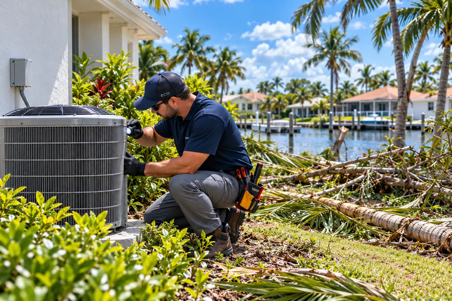Technician inspecting an AC unit for storm damage among fallen palm fronds after a hurricane in Cape Coral